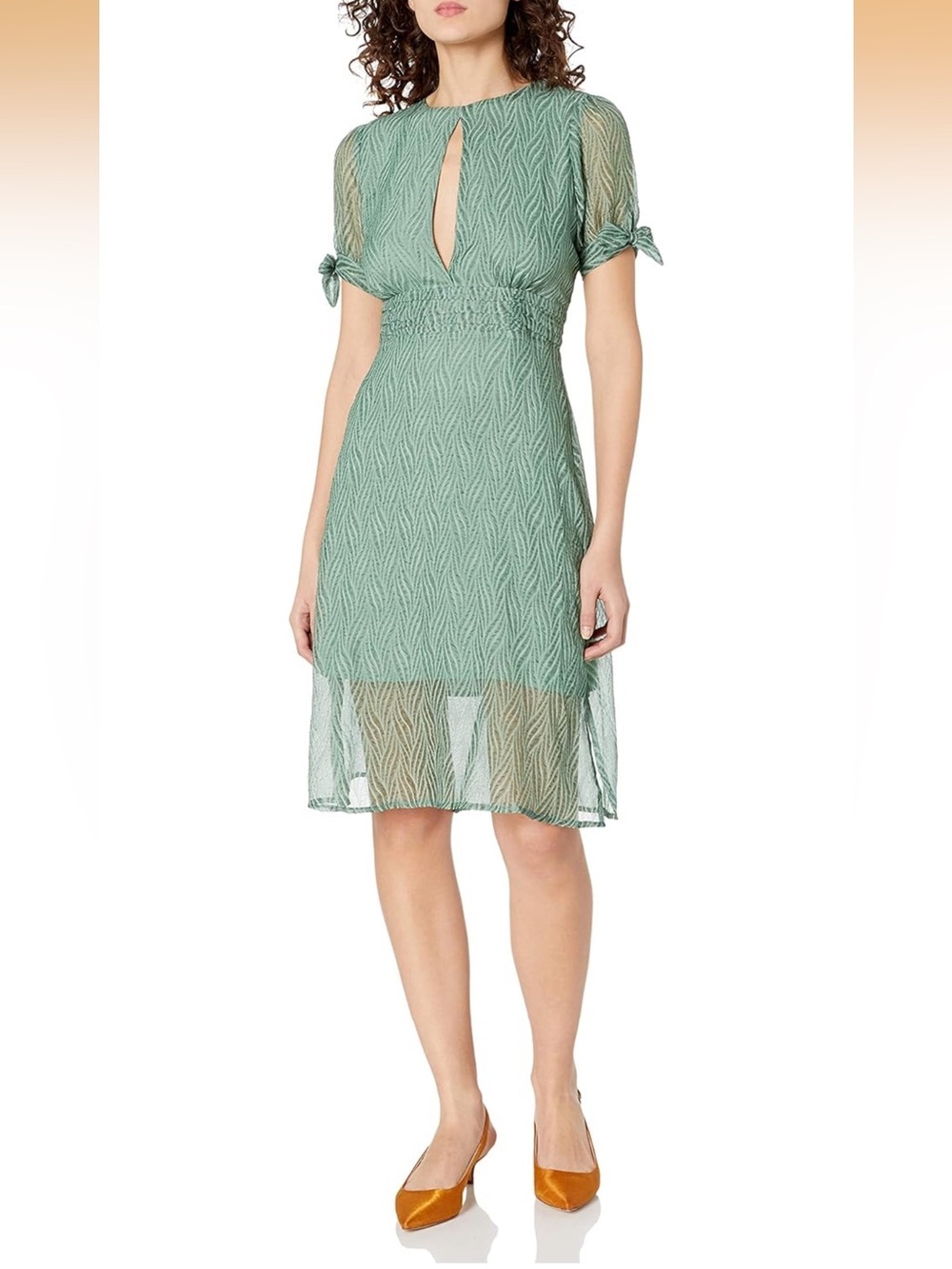 J.O.A. Sage Green Textured Party Dress Medium NWOT Sheer Sleeve Keyhole Dress